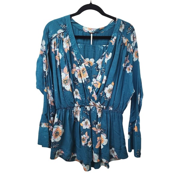 Free People Tuscan Dreams Teal Floral V Neck Tunic Long Sleeve Dress, Size S - Picture 2 of 11